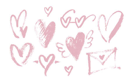 Set of hand-painted heart elements with rough brush texture. Valentine's day elements.のイラスト素材