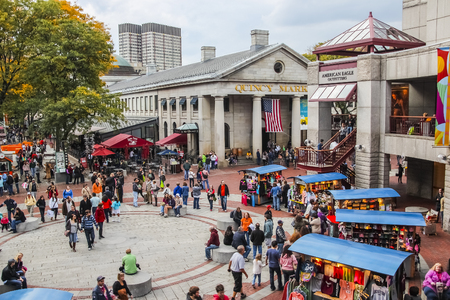 Boston, Massachusetts, USA - November 14, 2011; Quincy Market, a historic market complex near Faneuil Hall in downtown Boston with people shopping during daytimeのeditorial素材