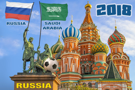 Poster for football game between Russia and Saudi Arabia on world championshipの写真素材