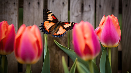 Colorful tulips and butterfly on a wooden fence in the gardenの素材