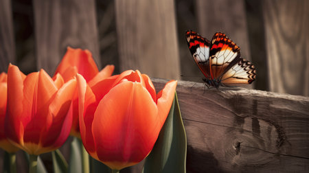 Orange tulips and a butterfly on a wooden fence in the gardenの素材