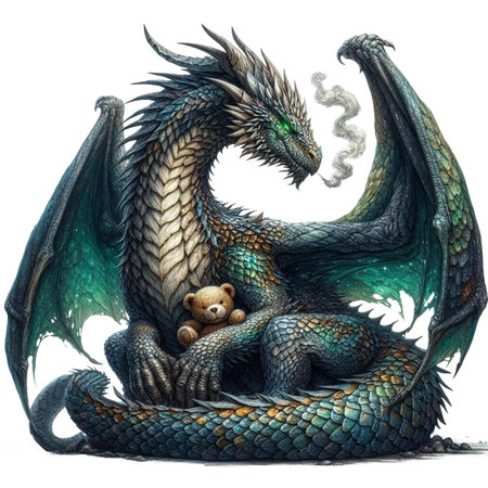 3D rendering of a fantasy dragon with a teddy bear isolated on white backgroundの写真素材