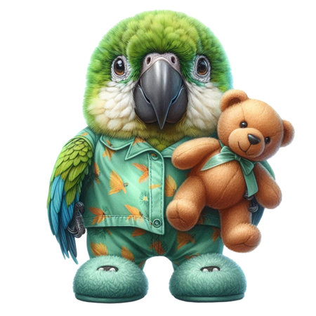 toy parrot with a teddy bear isolated on white background