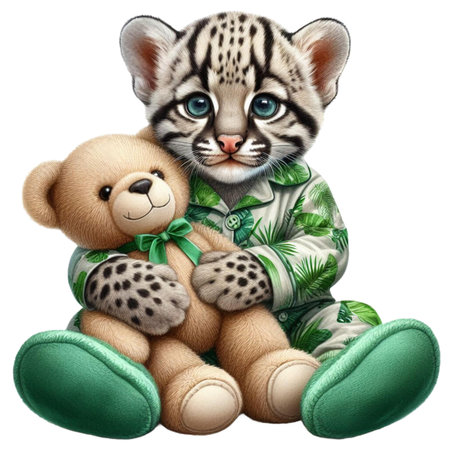 Cute baby tiger cub sitting with teddy bear. Isolated on white background.の写真素材