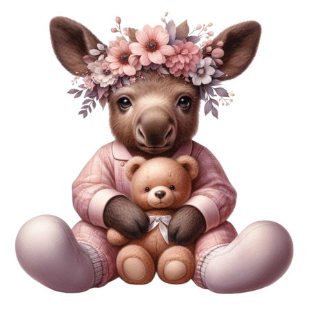 Cute baby kangaroo with floral wreath and teddy bearの写真素材