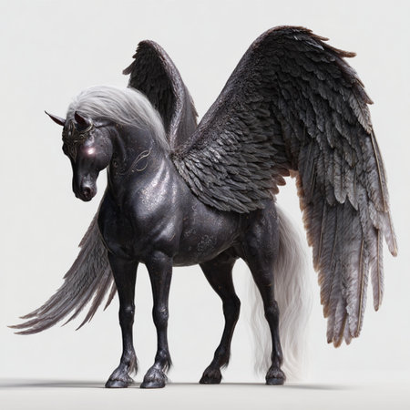 Black horse with white mane and black wing isolated on white backgroundの写真素材