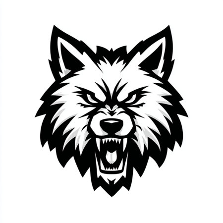 Wolf head mascot isolated on white background. Vector illustration in black and white colors.