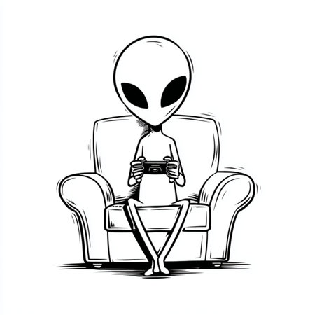 Alien sitting in armchair and playing video games. Vector illustration.