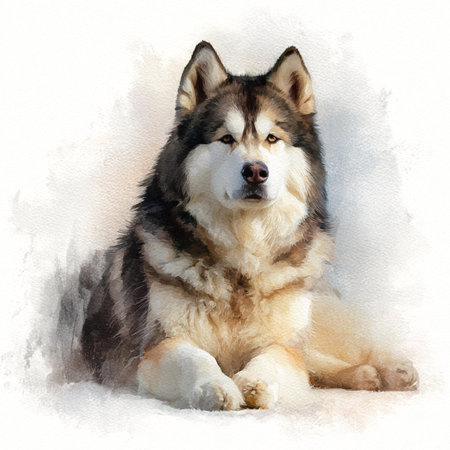 Watercolor portrait of an Alaskan Malamute dog.