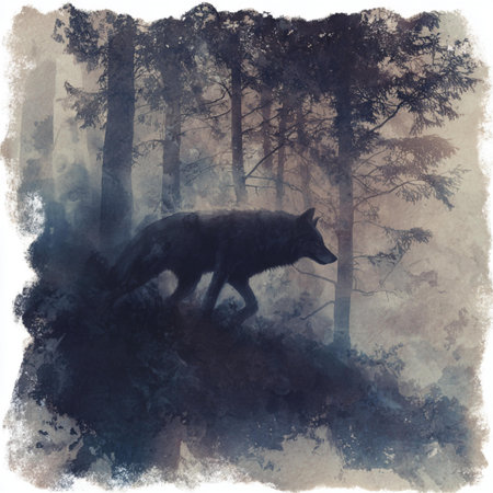 Silhouette of a wolf in the forest. Digital painting.