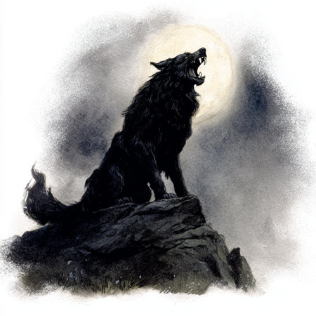 Black wolf on a rock in front of the moon. Digital painting.
