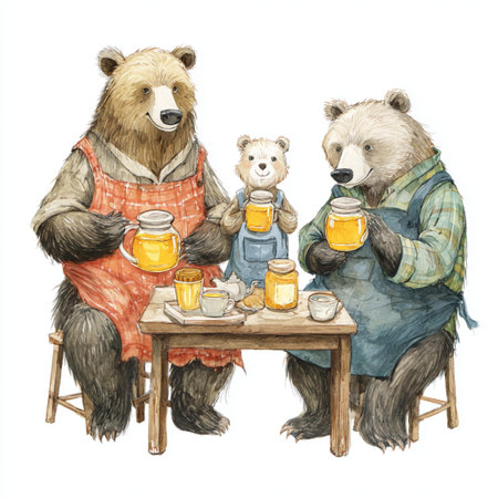 Watercolor bears sitting at the table and drinking honey. Hand drawn illustration