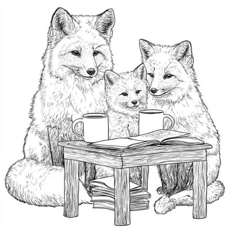 Sketch of foxes sitting at table with books and coffee cups