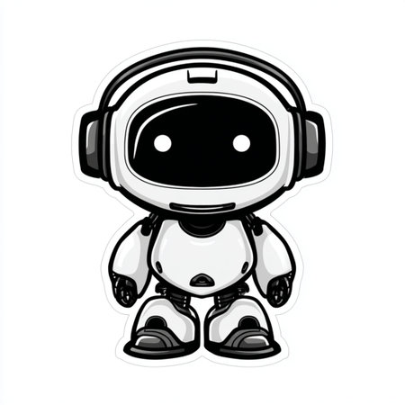 Cute cartoon robot with headphones isolated on white background. Vector illustration.