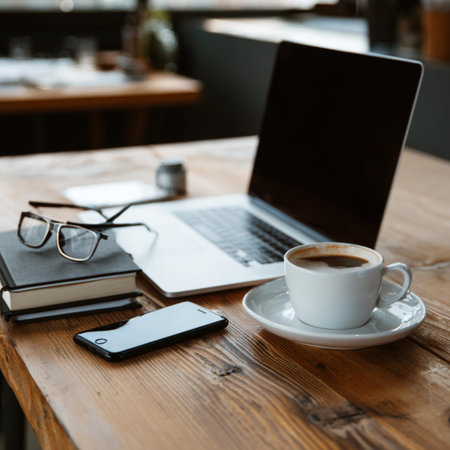 Cup of coffee and laptop on a wooden table in a cafe