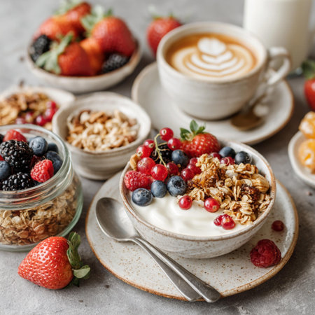 Healthy breakfast with muesli, berries and coffee on a grey backgroundの写真素材