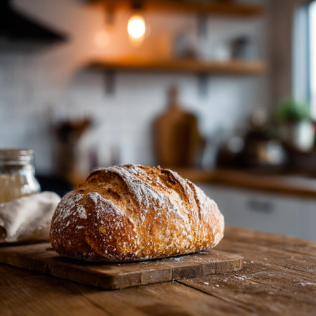 Freshly baked bread on a wooden table in the kitchen. Selective focus.