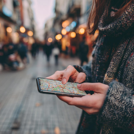 Woman using mobile smart phone in the city. Close-up of female hands holding a smartphone.