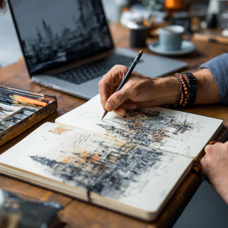 Architect working on drawing table in office, close-up.