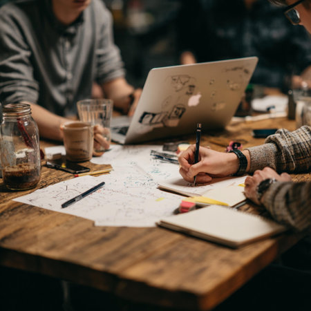 Group of young people working on a project at a desk in a cafe