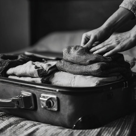 Woman packing clothes in a suitcase. Black and white image. Selective focus.の写真素材