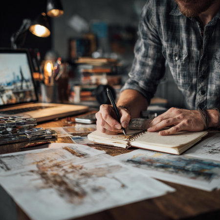 Close-up of a male artist drawing sketches in his studio.