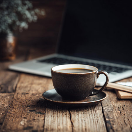Coffee cup and laptop on wooden table. Coffee break conceptの写真素材
