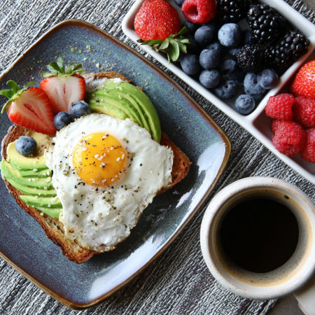 Breakfast with toast, fried egg, avocado, berries and coffee