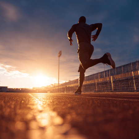 Runner athlete running on stadium track at sunset. man fitness jogging workout wellness concept.