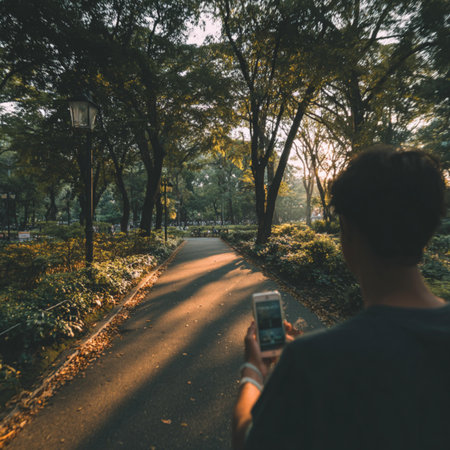 Man using smart phone to take photo of the park in the morning