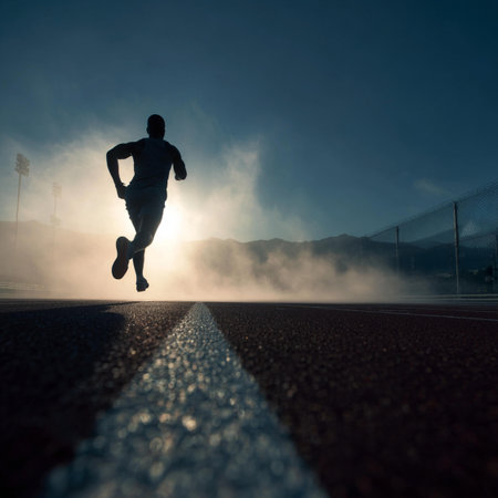 Runner athlete running on asphalt road at sunrise. Man fitness jogging workout wellness concept.