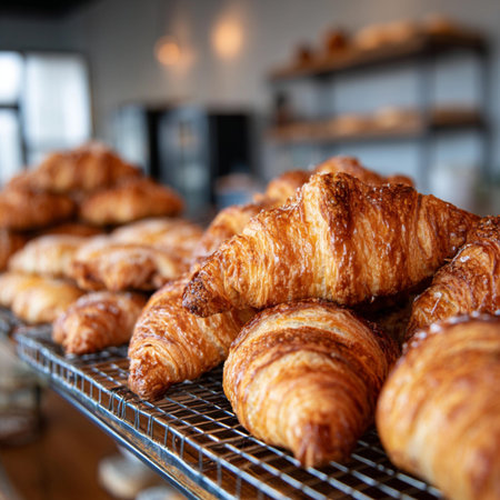 Freshly baked croissants in bakery shop, close-up