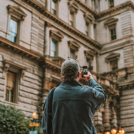 Back view of a man with a camera in his hands taking a picture of the city