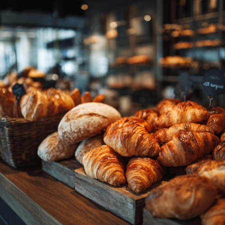 Freshly baked croissants on a counter in a bakery.の写真素材