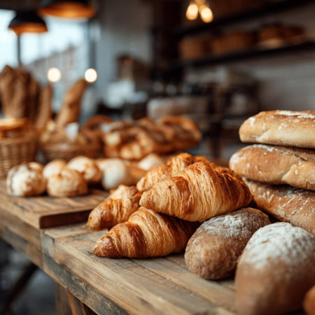 Freshly baked croissants on a wooden shelf in a bakery