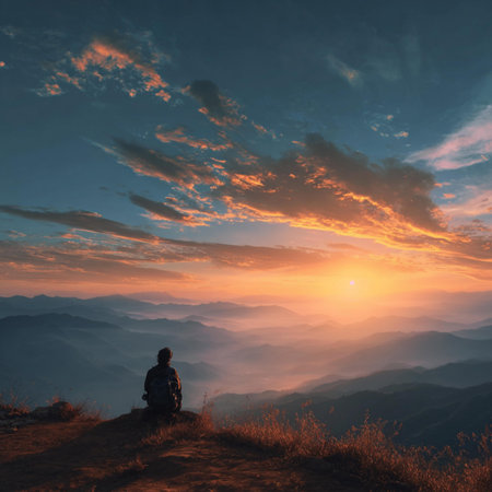 Beautiful sunset in the mountains. The silhouette of a man sits on the edge of a cliff.