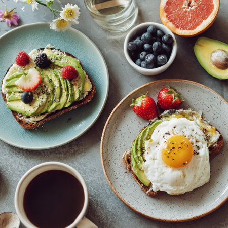 Healthy breakfast: toast with avocado, fried egg, berries and coffee.