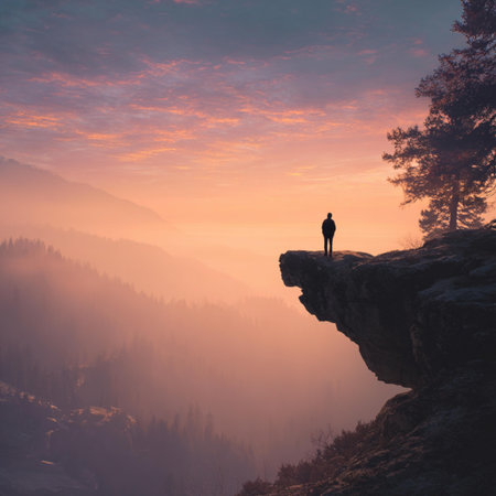 Silhouette of a man standing on the edge of a cliff and looking at the sunrise
