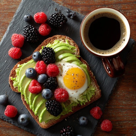 Toast with avocado, berries and fried egg on plate, closeup