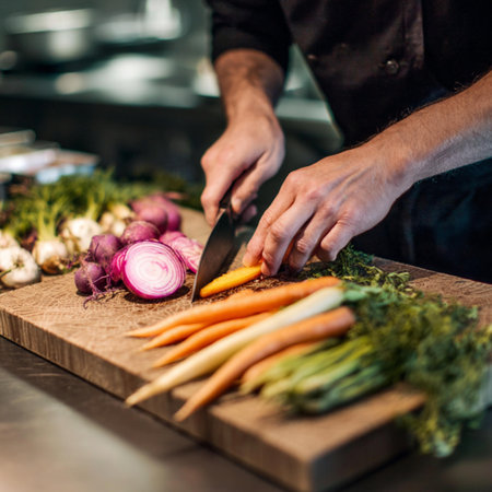 Chef cutting fresh vegetables on a wooden board in a restaurant kitchen