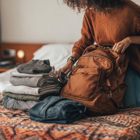 cropped view of african american woman packing backpack on bed