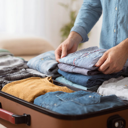 Man packing clothes in suitcase at home, closeup. Vacation concept