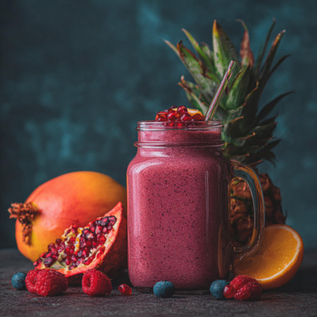 Smoothie with fresh berries, orange and pomegranateの写真素材