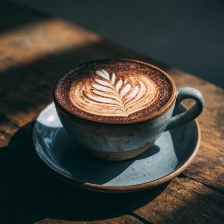 A cup of latte with foam art in a blue mug on a saucer, placed on a wooden table.