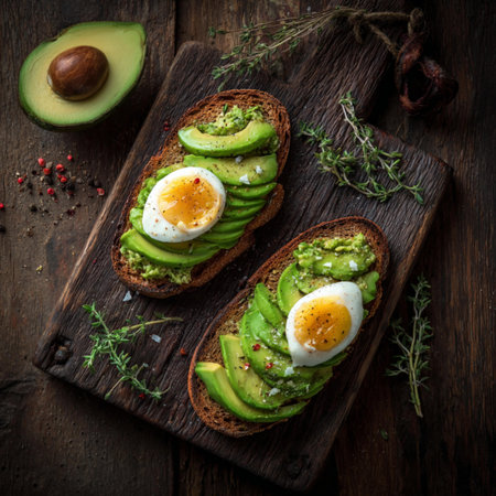 Avocado toast with poached egg on rustic wooden board.の写真素材