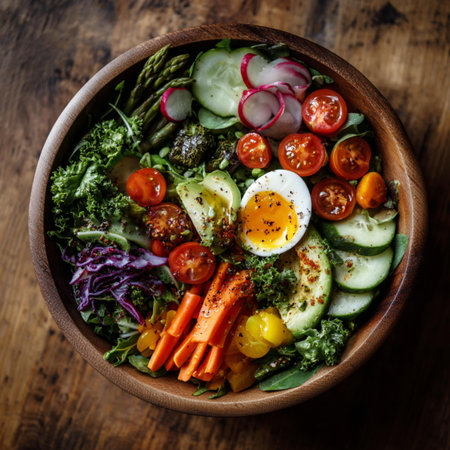 Healthy salad bowl with fresh vegetables in wooden bowl on rustic wooden table.の写真素材