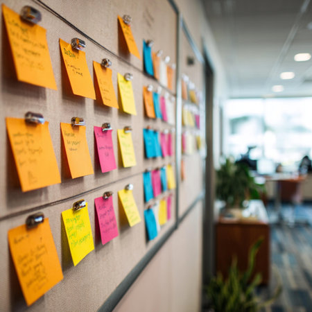 Sticky notes on the wall of the office. Selective focus.