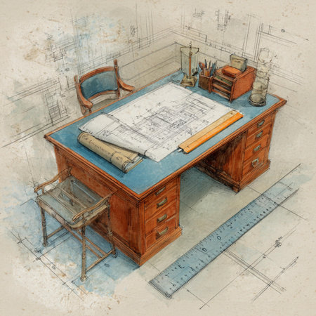 Architectural drawing of an office desk with drawings and tools.