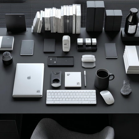 Top view of modern black office desk with computer, devices and accessories. 3d rendering