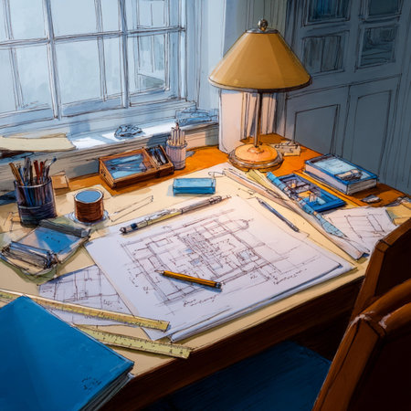 Architectural table with blueprints, pencils and other tools